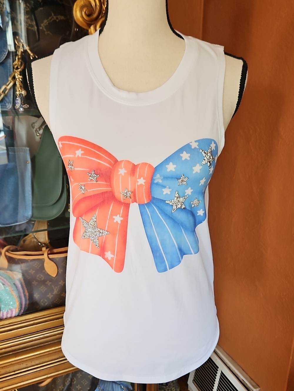 Judith March White Tank with Red & Blue Sequined Bow Graphic